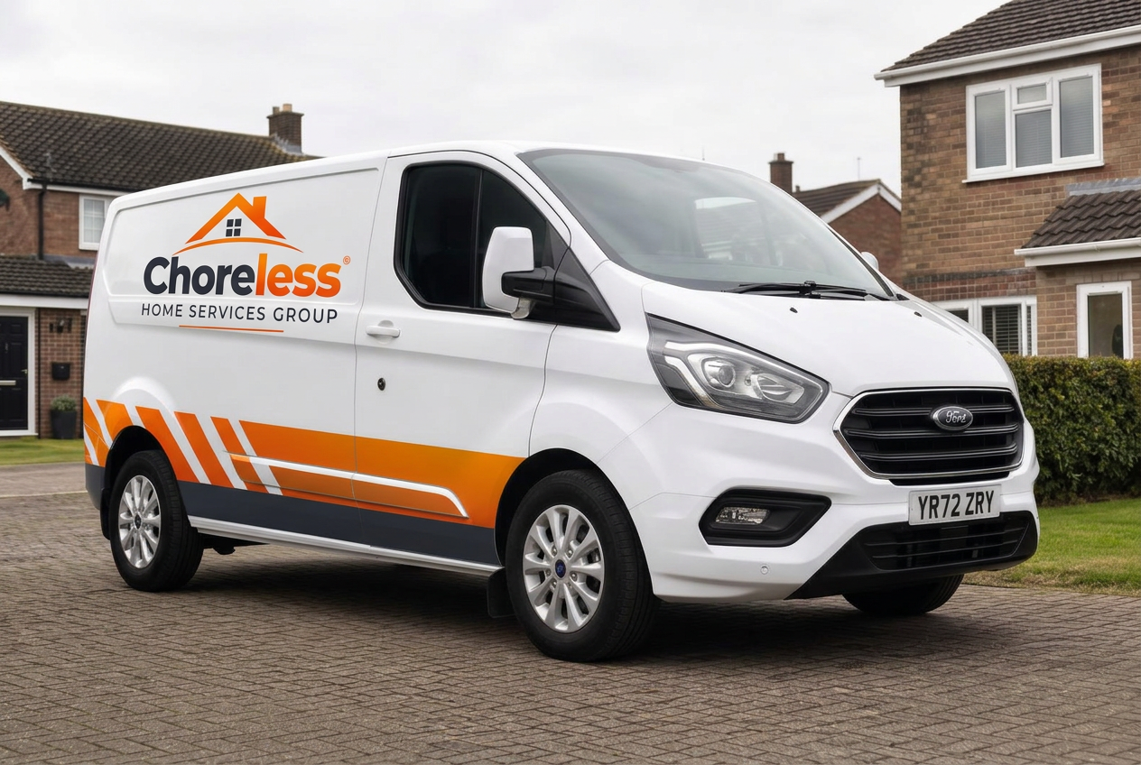 A liveried Choreless Home Services Group van parked on a residential driveway